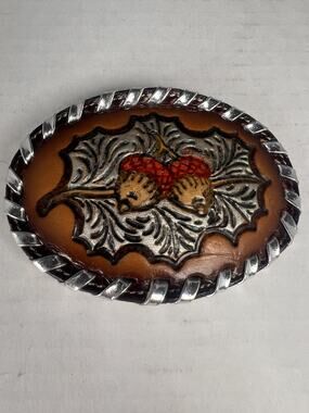 Vintage Tony Lama Tooled Leather Acorn Belt Buckle USA
